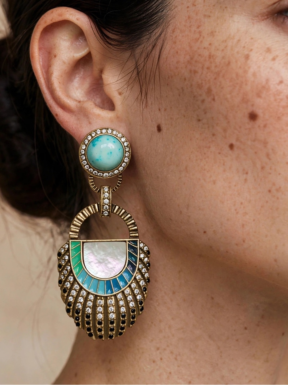 New Amimi Art Deco Fan Earrings Turquoise Stone Mother Of Pearl S925 Posts E138